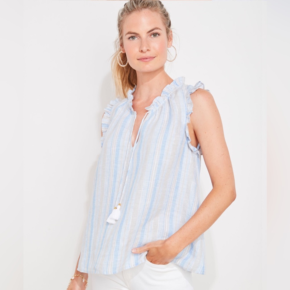 Vineyard Vines Linen Shine Stripe Ruffle Popover Top